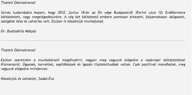 A cég két költöztető embere pontosan érkezett, folyamatosan dolgozott, és szolgálatkész volt.